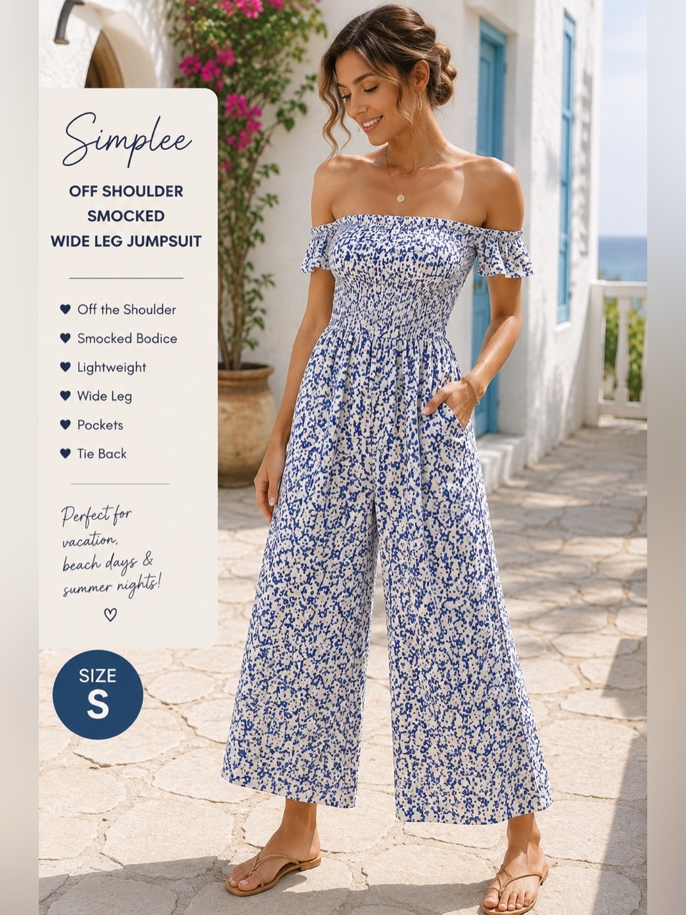 Simplee Off Shoulder Smocked Wide Leg Jumpsuit Blue White Print Size S